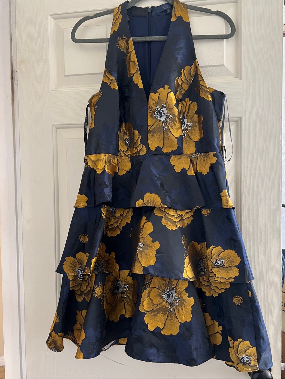 RACHEL Rachel Roy Navy and Gold Floral Tiered Halter Mini Dress